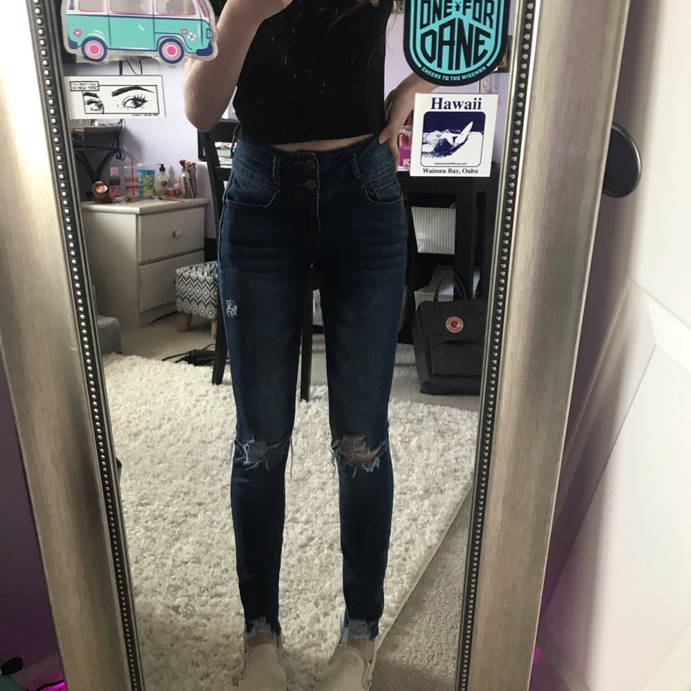 dark wash distressed jeans